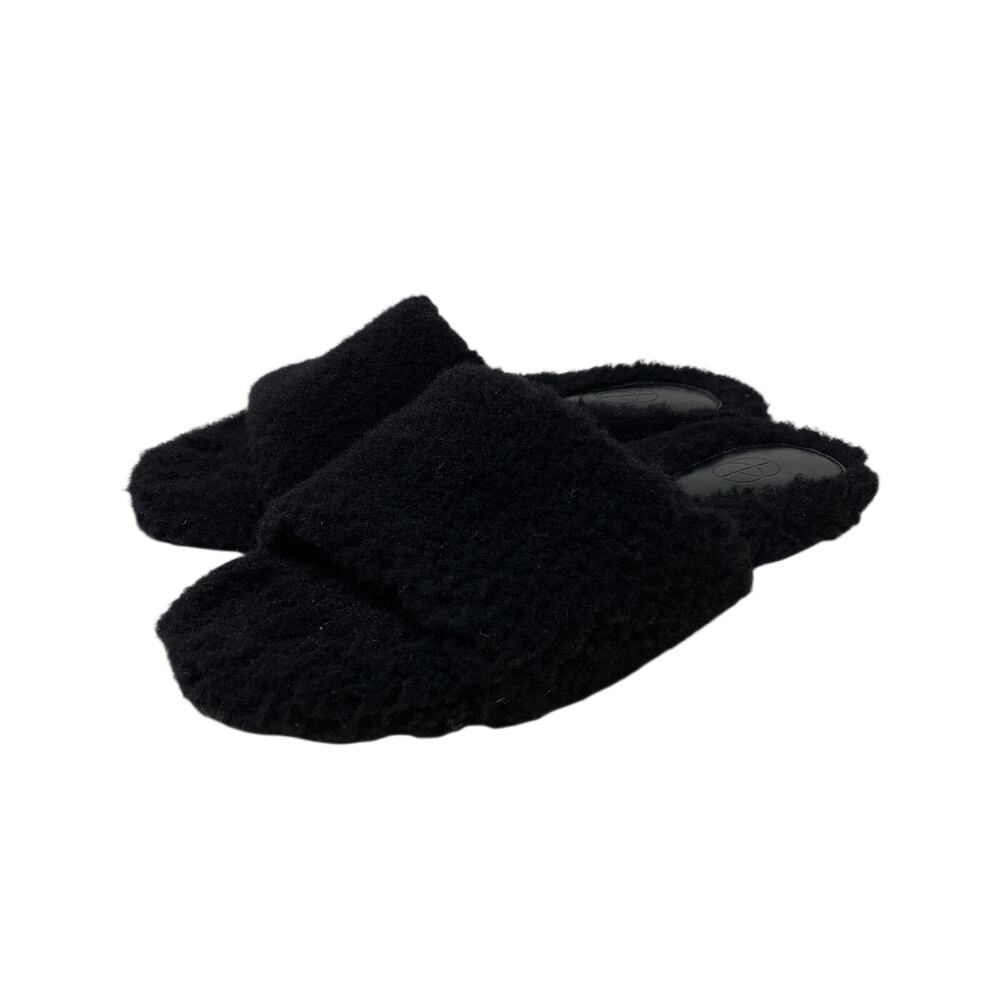 Porte & Paire Shearling Slippers Womens Size 37 US 7 Black Leather Lining + Sole - Picture 2 of 8